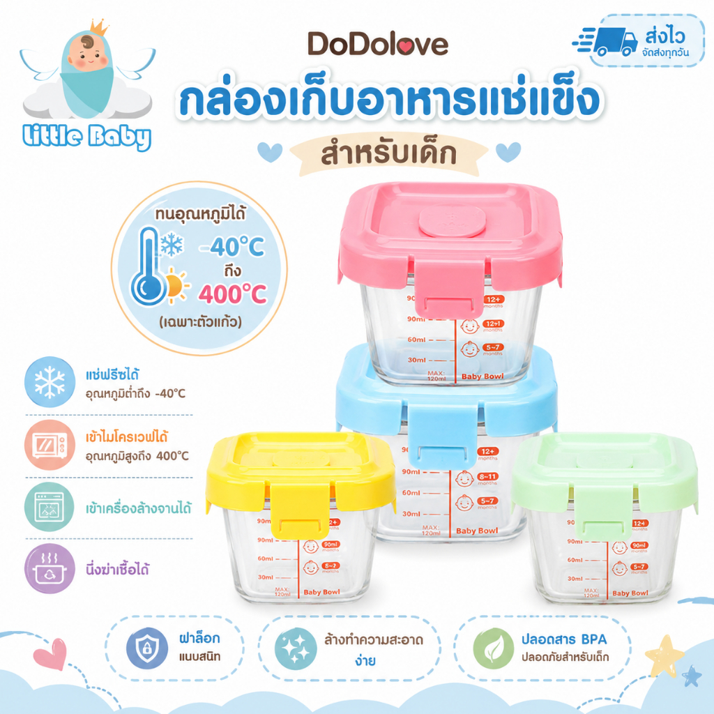 ส่งด่วน DoDolove กล่องแก้วเก็บอาหารเด็ก 140ml ถ้วยแก้วใส่อาหารทารก แช่แข็งได้ เข้าไมโครเวฟได้ กล่องเก็บอาหารเด็ก