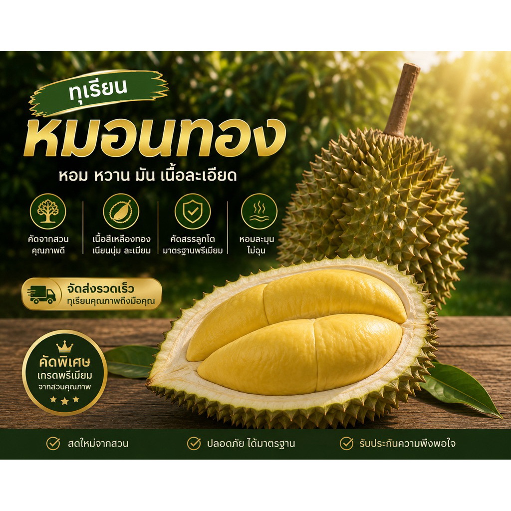 ทุเรียนหมอนทองจันทบุรี น้ำหนัก2.7-3 กิโล คัดเกรดAB ส่งออกจีน รับประกัน4-5พูเต็ม มีรับประกัน เก็บเงินปลายทาง