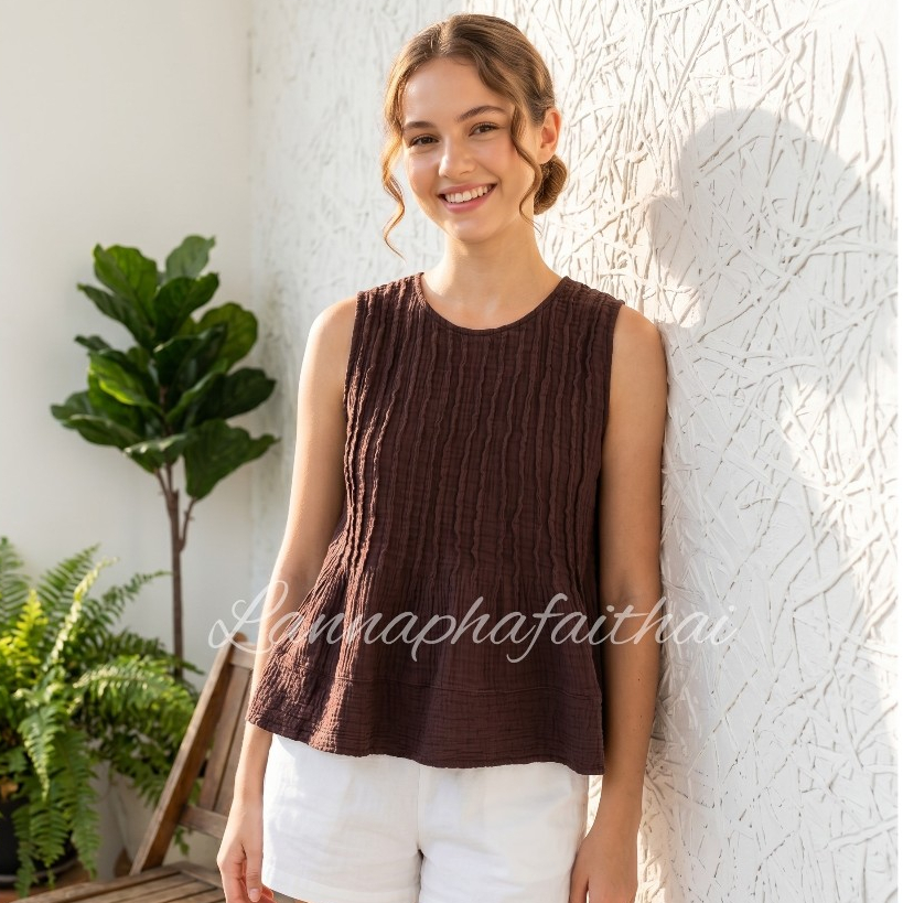 เสื้อแขนกุดผ้าฝ้ายตีเกล็ดหน้าหลัง เสื้อทรงเปเปิ้ลระบายชาย Babydoll Pintuck Peplum Sleeveless Top Pleated Shirt