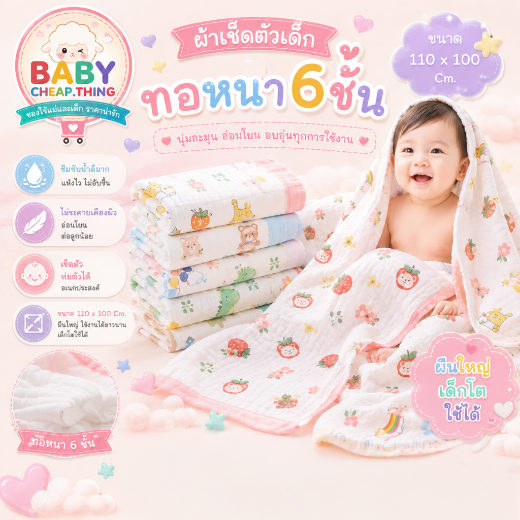 ✿ ผ้าเช็ดตัวเด็ก (Ab117) - ผ้าฝ้าย ทอ 6 ชั้น ขนาด 110*110 cm. ผ้าหนานุ่ม