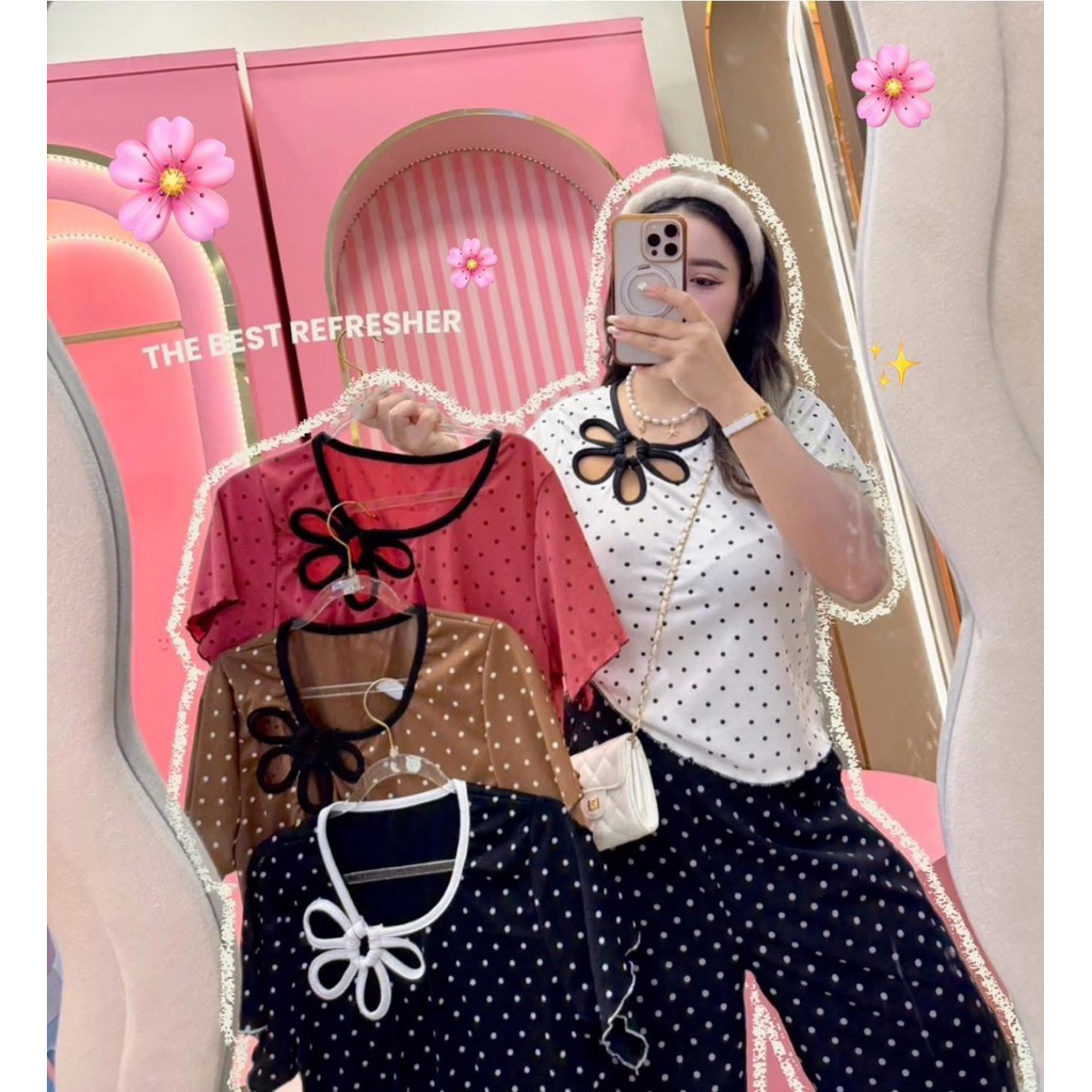 🌸เสื้อจุดแต่งดีเทลดอกไม้น่ารักม๊ากก(เฉพาะเสื้อ)🌸#สาวอวบ