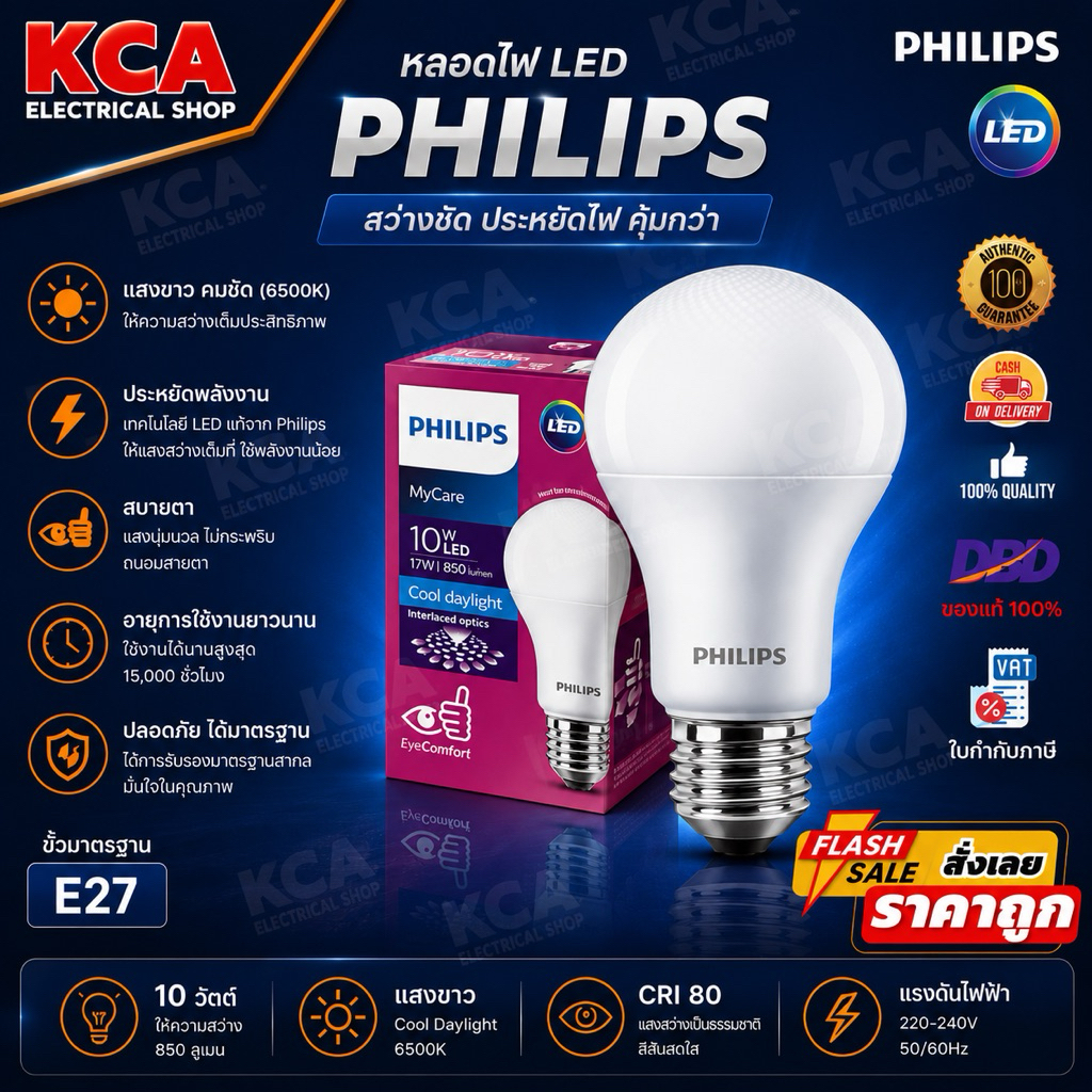 Philips หลอดไฟฟิลิปส์ LED Bulb MyCare 3W 4W 6W 8W 10W 12W 14.5W ขั้วE27 ((กล่องยับบ้าง))