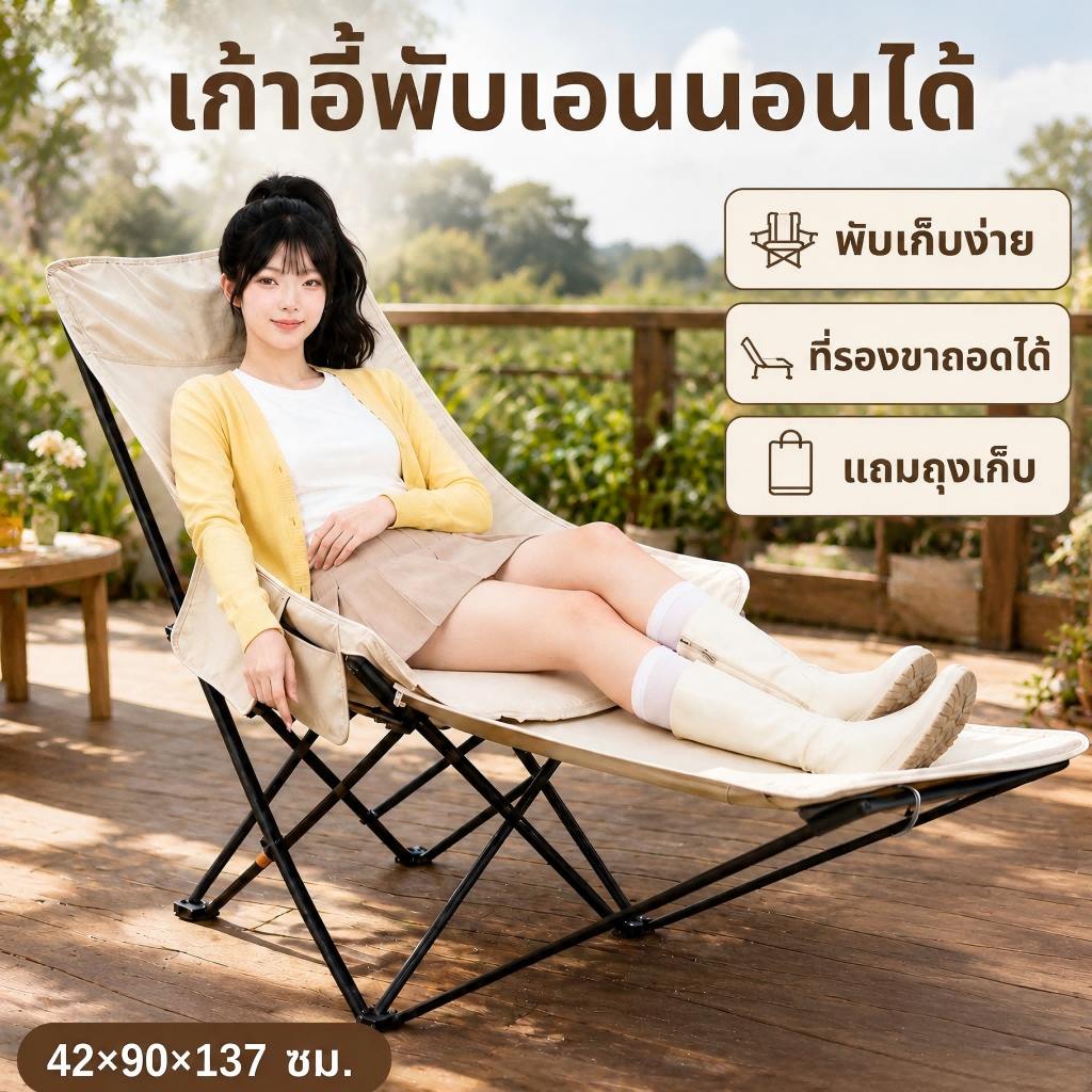 เก้าอี้ตั้งแคมป์พนักพิงสูง เกียร์สามปรับได้ เก้าอี้สนาม พับได้ แบบพกพา ปิคนิค แถมถุงเก็บ