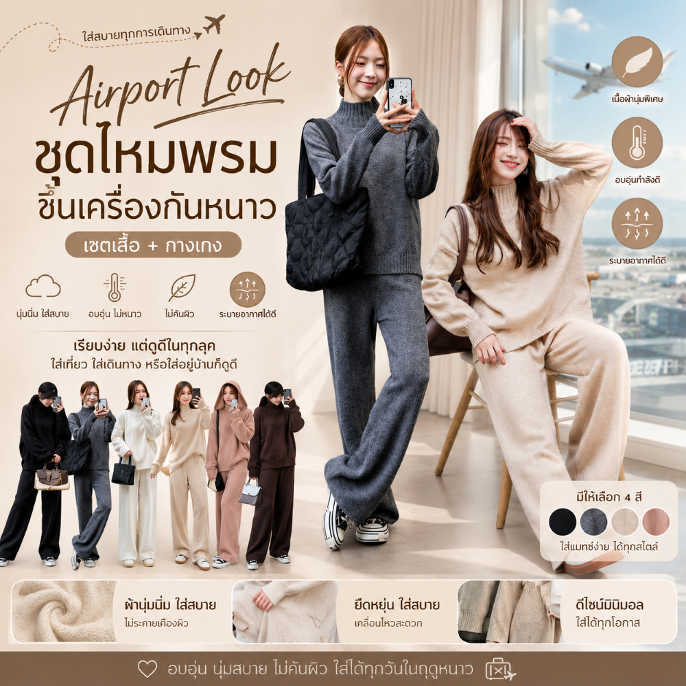 ชุดไหมพรมขึ้นเครื่องกันหนาว (เชตเสื้อ+กางเกง) นุ่ม อุ่น ใส่สบาย - korea desige-