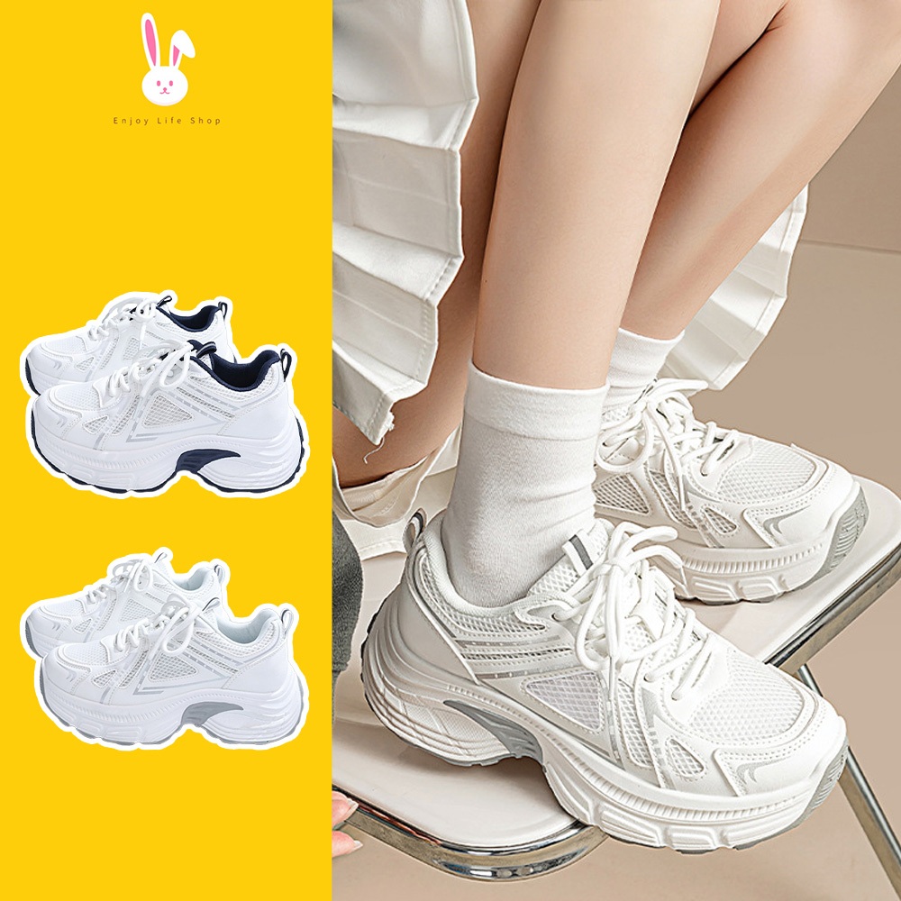 JSNB รองเท้าผ้าใบเสริมส้นสไตล์เกาหลี5ซม.พื้นนุ่มไซส์36-42ระบายอากาศดีทรงChunkyใส่คู่กันพร้อมส่งจากไทยรุ่น LN9060