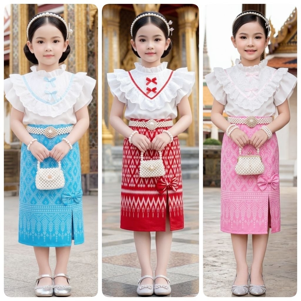 ชุดไทยเด็ก เสื้อแขนระบายแต่งลูกไม้ริบบิ้นโบว์คู่ ผ้าถุงผ่าข้างแต่งโบว์