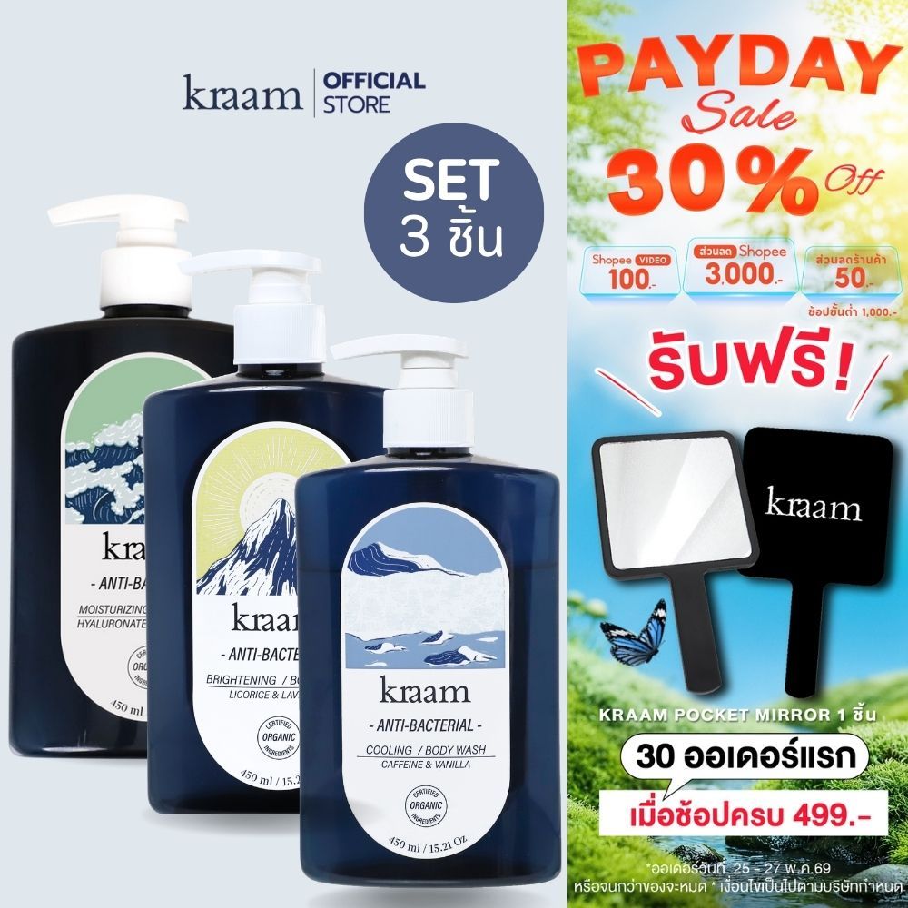 [ Set 3 ชิ้น ] KRAAM Anti-Bacteria Body Wash Trio 3 กลิ่น 3 สไตล์