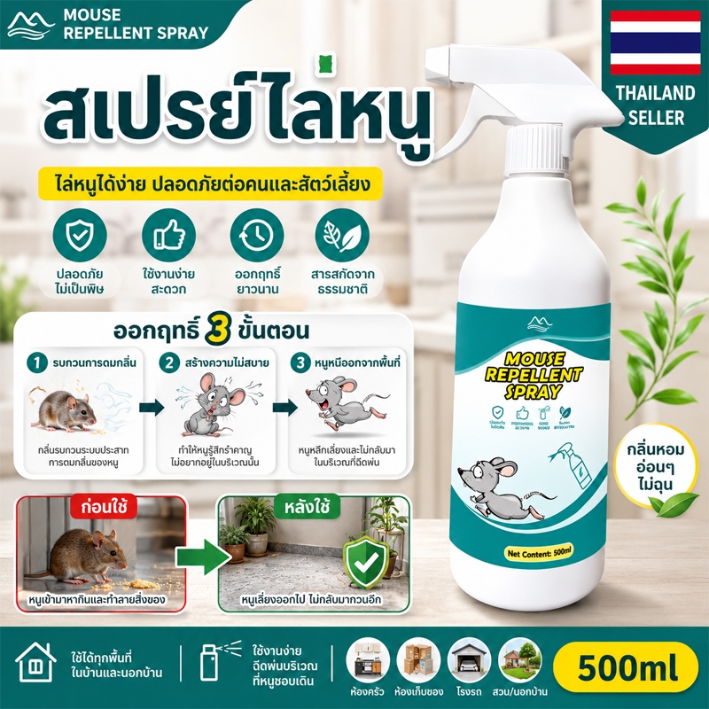 สเปรย์ไล่หนู ยาไล่หนู ไล่หนูในบ้าน กันหนูเข้าบ้าน สารไล่หนู สูตรสมุนไพร ป้องกันหนู ขนาด 500 มล.