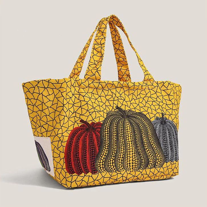 ความจุใหญ่สะพายข้างสตรี tote bag Yayoi Kusama ลายจุดฟักทอง สีเหลือง ยูนีค