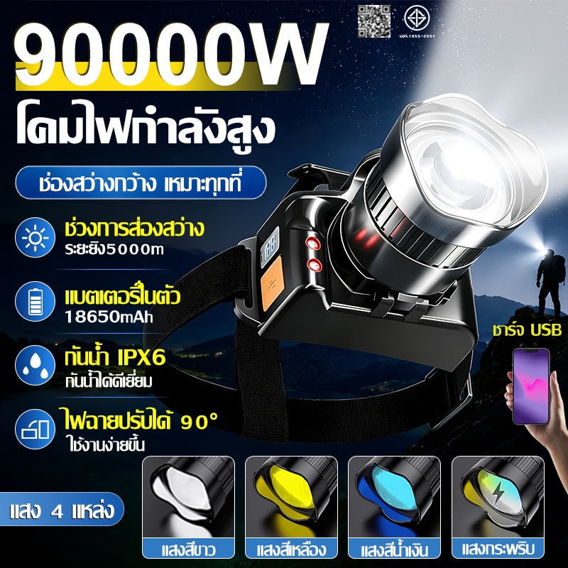 【รับประกัน 10 ปี】ไฟฉายคาดศีรษะLED ไฟฉายคาดหัว กันน้ำ 18650mah สว่างพิเศษ  4 โหมด ไฟฉายปรับได้ 90° มาตรวัดผลแบต ไฟคาดหัว