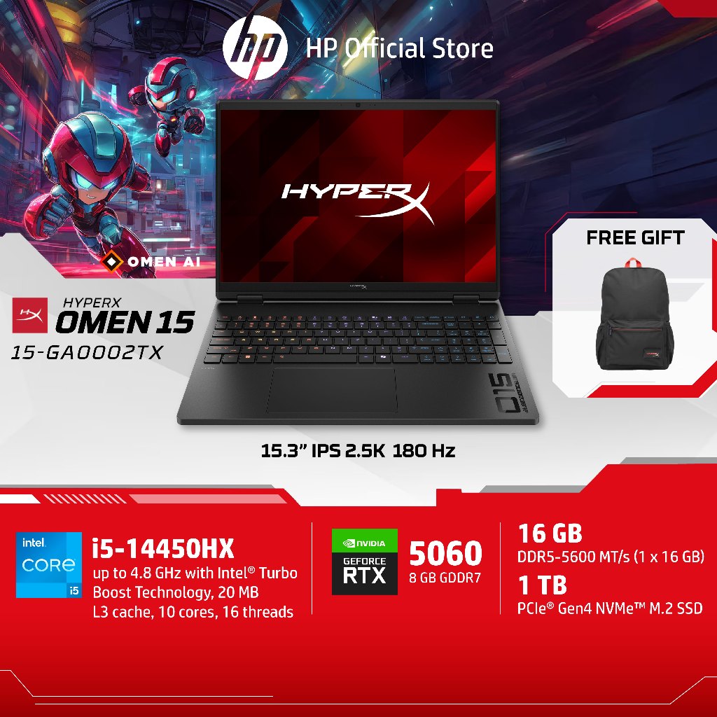 [ราคาเน้นๆ] HyperX OMEN | i5-14450HX | RTX5060 | 16GB/1TB | 15" 2.5K 180Hz IPS | Win11 | 2Yrs