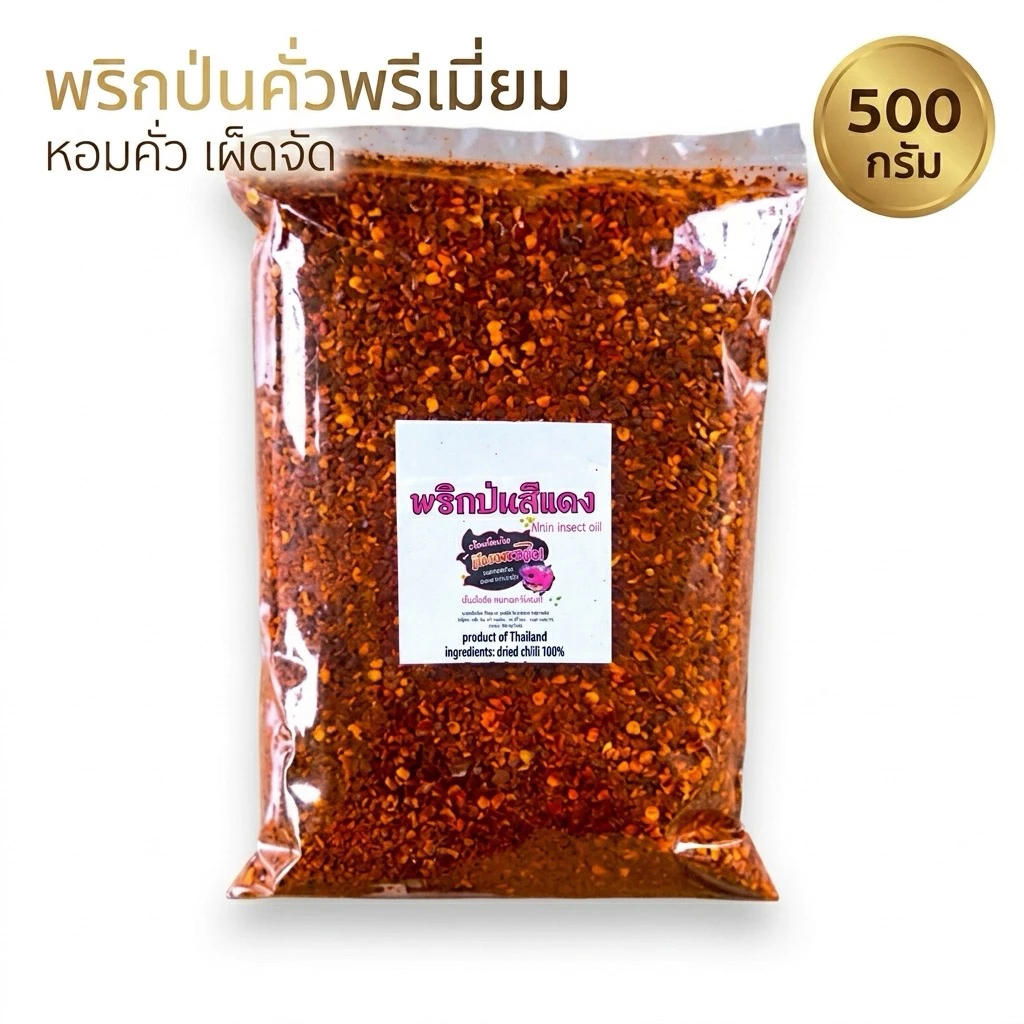 พริกป่นคั่วเตาฟืน 500 กรัม พริกคั่วพรีเมี่ยม เผ็ดจัด หอมมาก(แดง500)