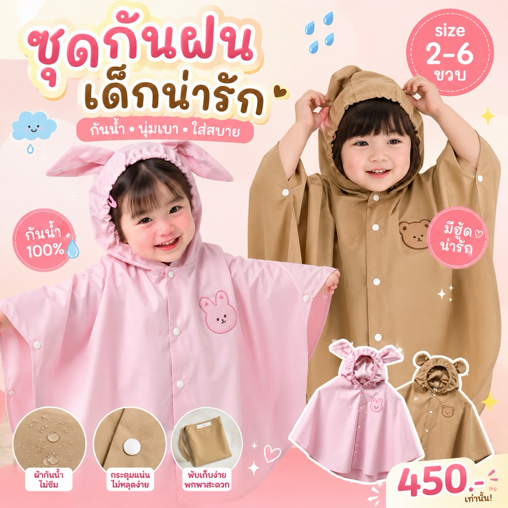 Waterproof Raincoat ชุดกันฝนเด็กเล็ก 2-6 ขวบ วัสดุเป็น oxford กันน้ำได้ดี  (RAIN28)