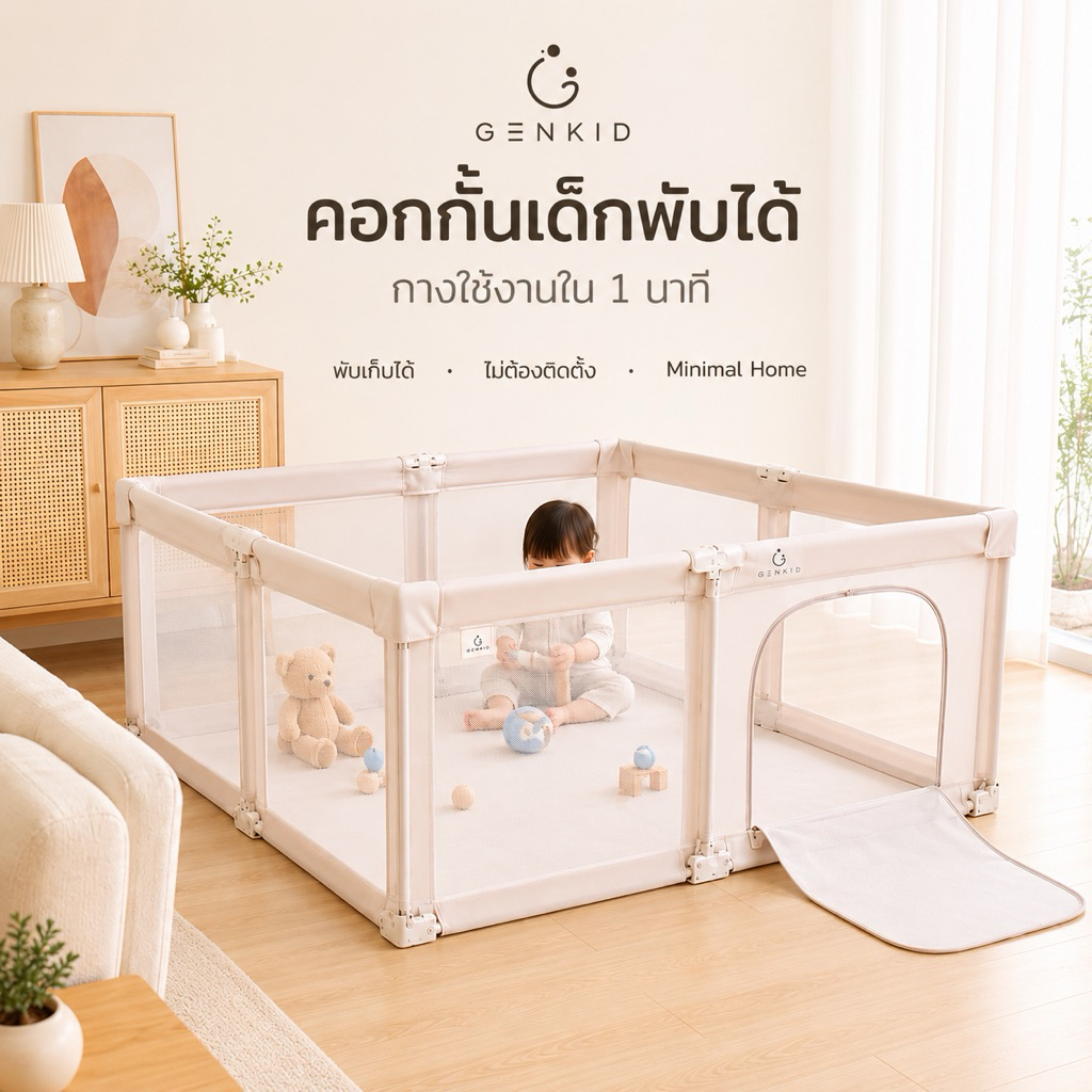 GENKID คอกกั้นเด็กพับได้ พร้อมใช้ใน 1 นาที | Minimal Playpen คอกเด็กพกพา คอกตาข่าย พับเก็บได้