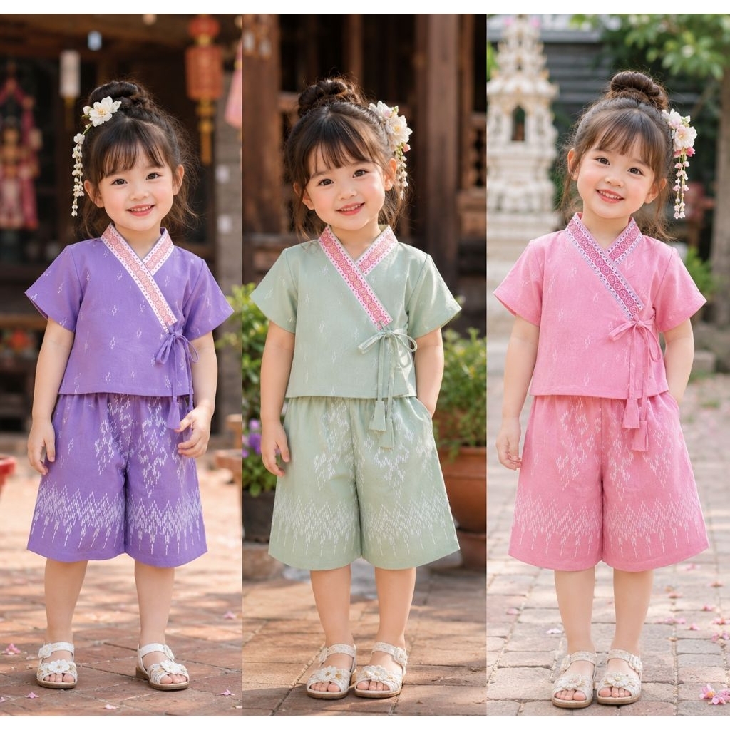 ชุดไทยพื้นเมืองเด็กชุดผ้าไทยเด็ก ชุดล้านนาเด็ก💚พร้อมส่ง(MO)