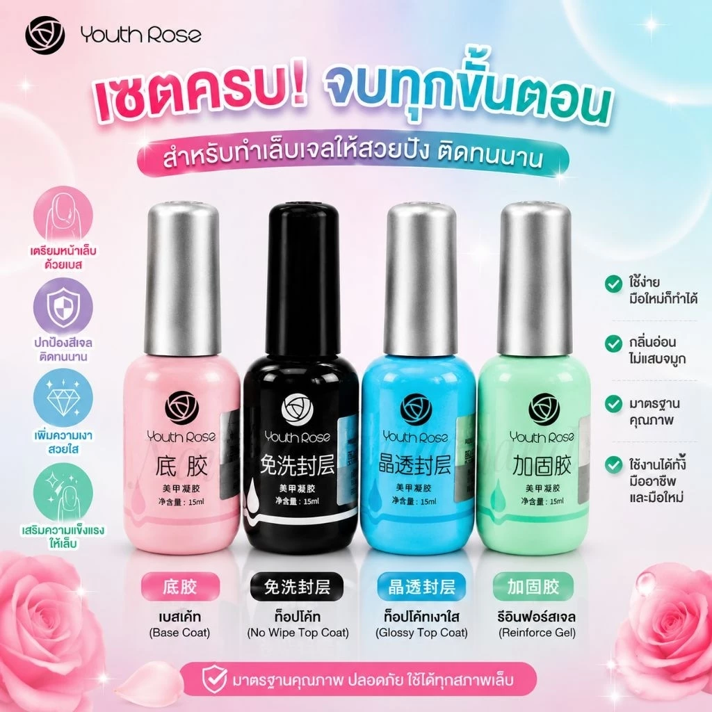 YOUTH ROSE®️ รวมตัวเลือก 15ml. Base gel●Hard gel●Top coat●Topกระจก ของแท้นำเข้า พร้อมส่ง