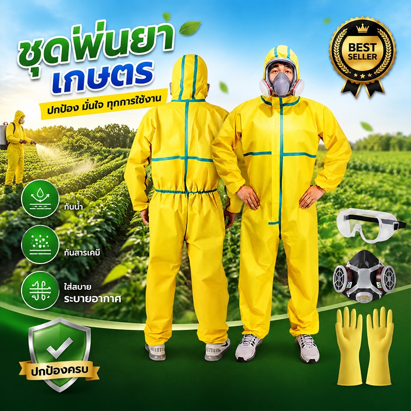 ชุดป้องกันสารเคมีเกษตร คุณภาพสูง กันน้ำ-ฝุ่นได้ 100% ระบายอากาศดี สวมใส่สบาย ใช้พ่นยา-พ่นสี
