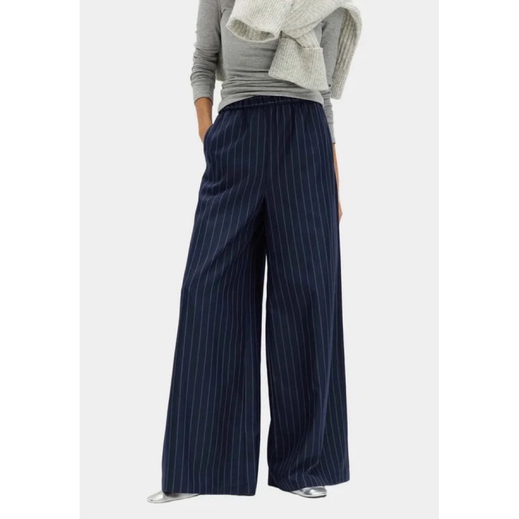 OY..SHO Stripe wide leg pants กางเกงผ้าลายทางสีกรมท่า เอวสูง เอวยืด งานแท้