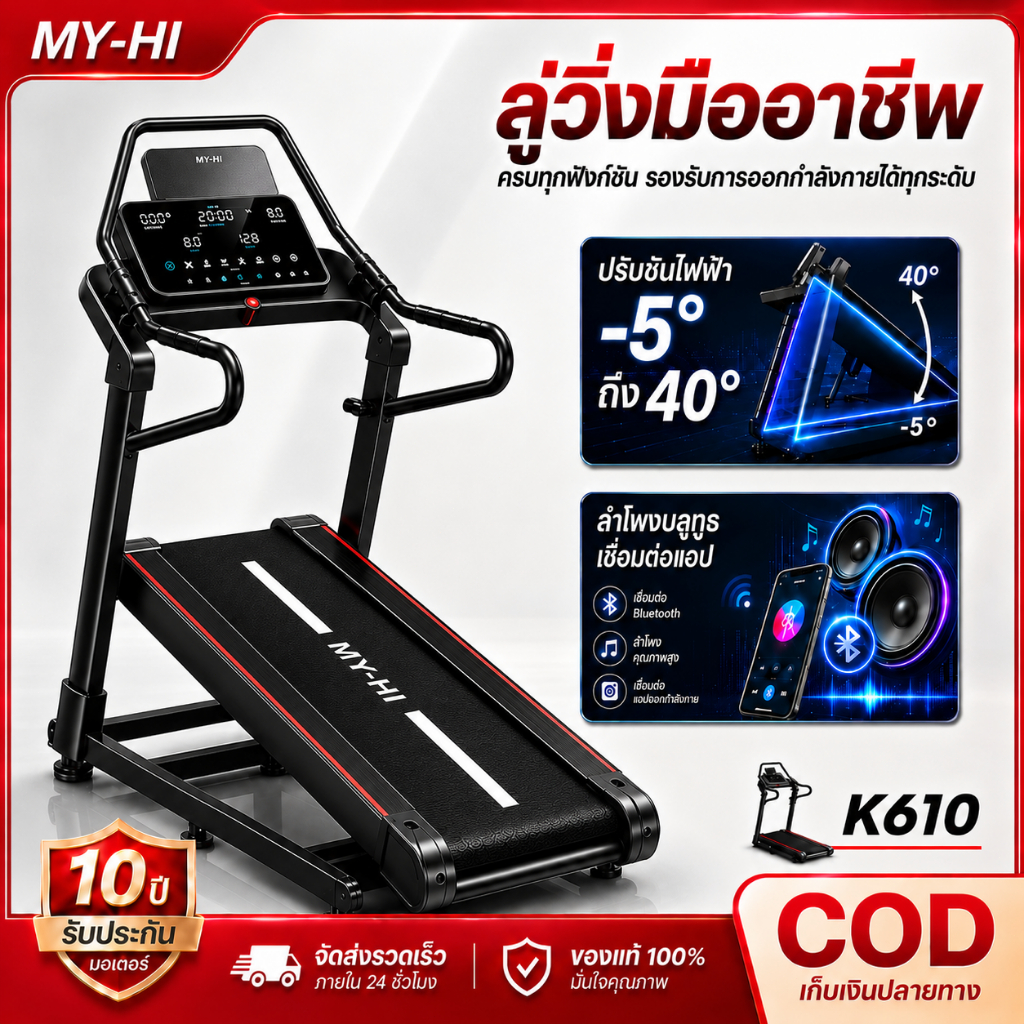 ลู่วิ่งไฟฟ้า ลู่วิ่ง ปีนเขา ขึ้นเนิน K610 Treadmill ปรับความชันได้ +40°-5° พร้อมมอเตอร์ความเร็วสูง บลูทูธแอปเชื่อมต่อได้