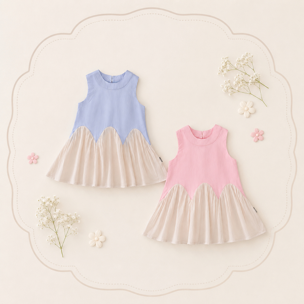Hania Kids พร้อมส่ง ชุดเด็กผู้หญิงเดรสกระโปรง ผ้าฝ้าย สีฟ้า/ชมพู ชุดเดรสเด็กผู้หญิง K4125454