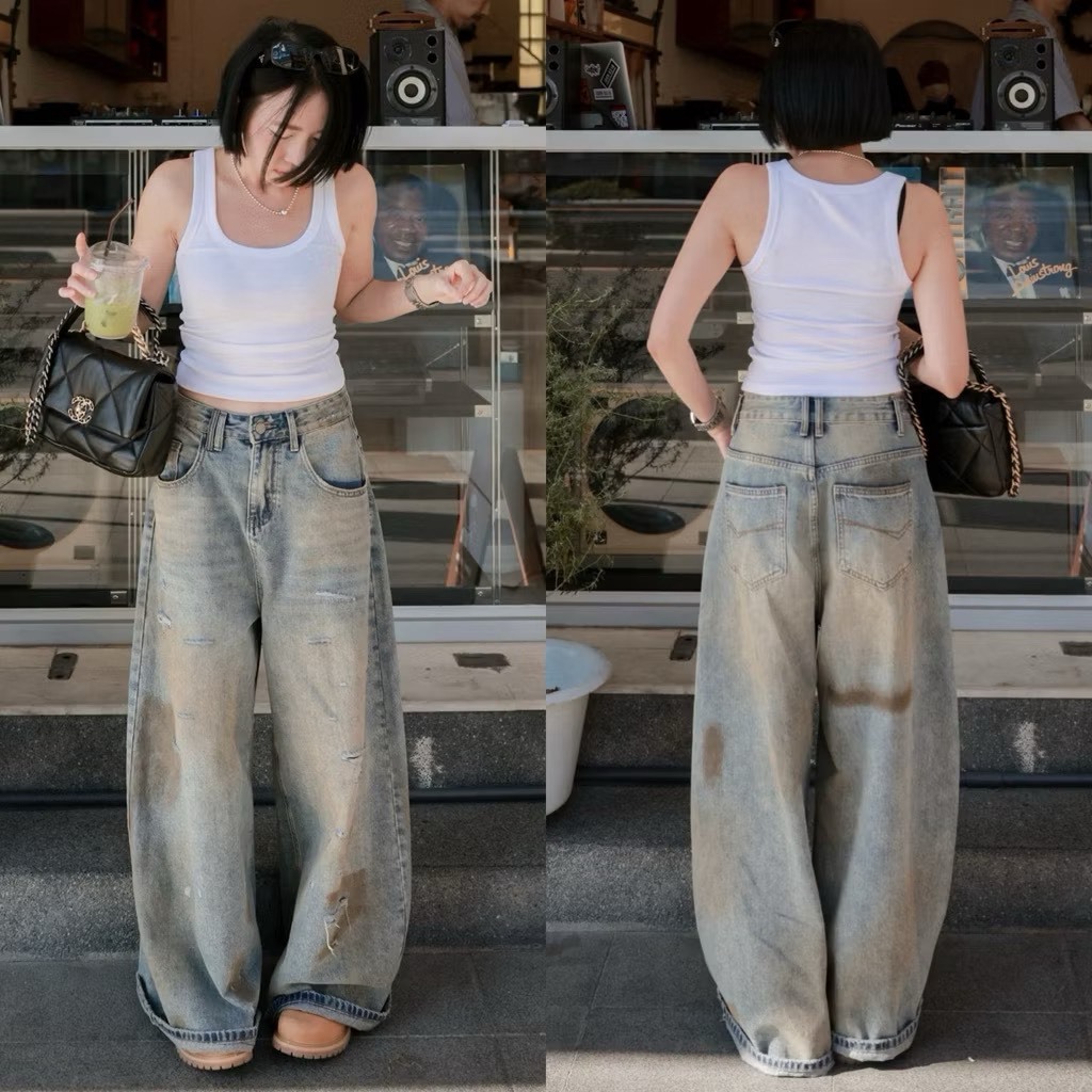 28008 Dirty Jeans กางเกงยีนส์dirtyฟอกเฟดขากระบอกใหญ่ งานป้าย OKK 🇰🇷