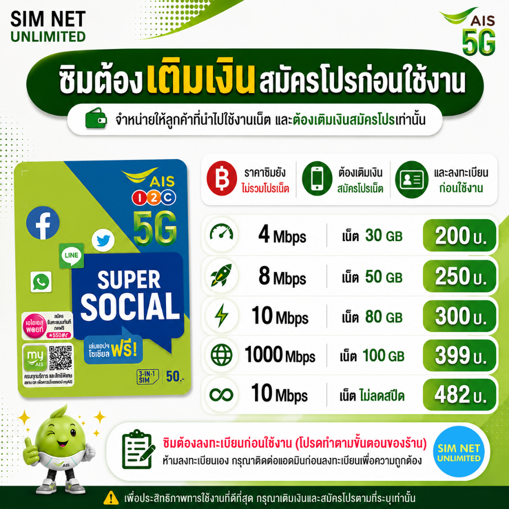 ซิมเทพ AIS เล่นเน็ตไม่อั้น ความเร็ว 8Mbps, 10Mbps, 1000Mbps (ซิมต้องเติมเงินสมัครโปรก่อนใช้งานเน็ต)