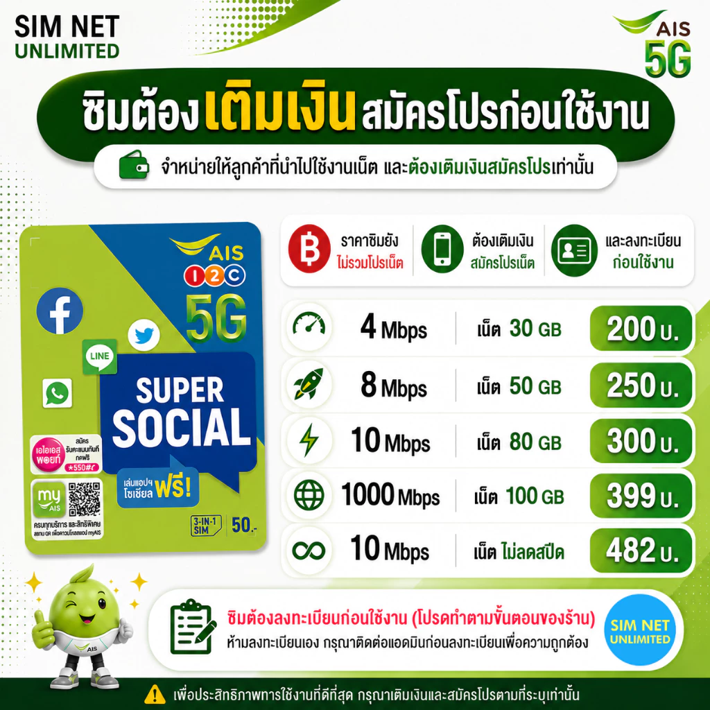 ซิมเทพ AIS เล่นเน็ตไม่อั้น ความเร็ว 8Mbps, 10Mbps, 1000Mbps (ซิมต้องเติมเงินสมัครโปรก่อนใช้งานเน็ต)