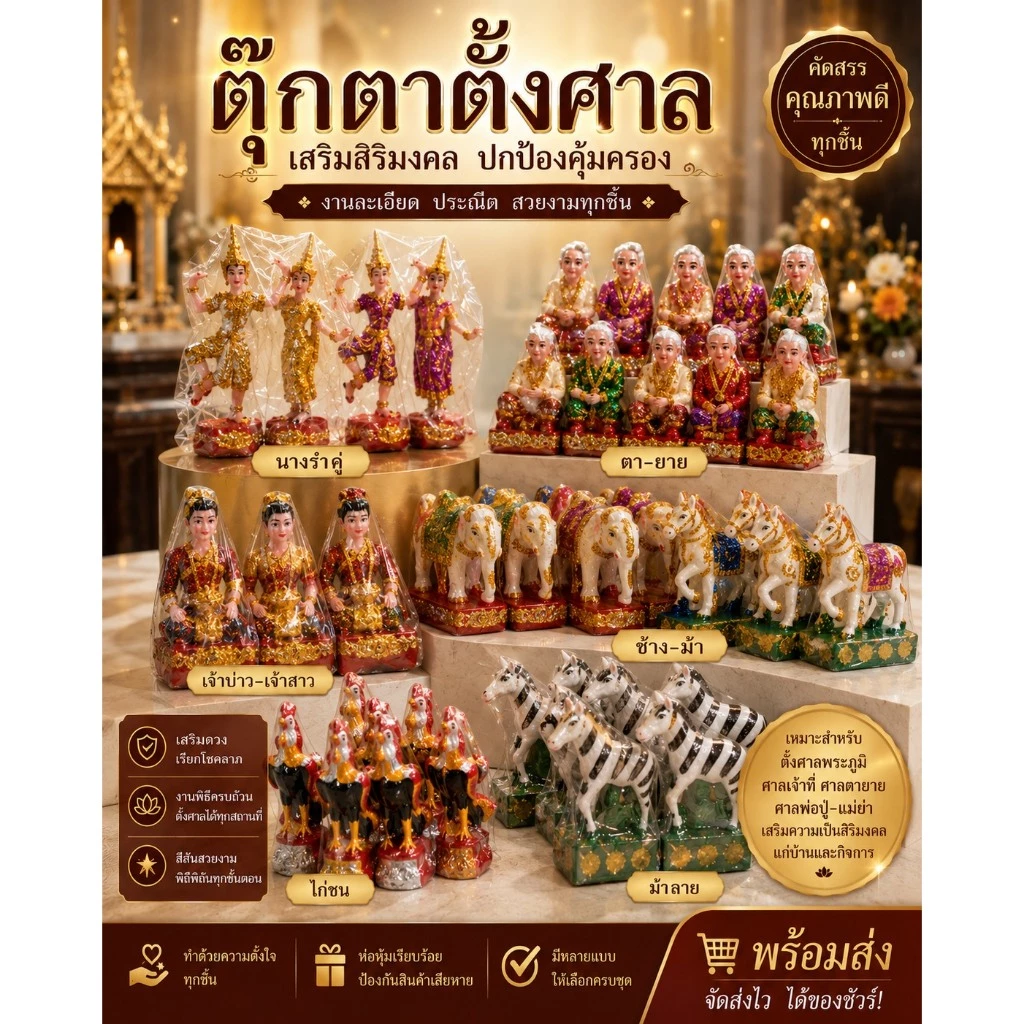 ⭐ ตุ๊กตาตั้งศาล ⭐ ช้างม้า นางรำ บริวาร คนใช้ ตายาย ไก่ ม้าลาย วัสดุมีน้ำหนัก ทนแดนทนฝน ใช้ภายนอกได้