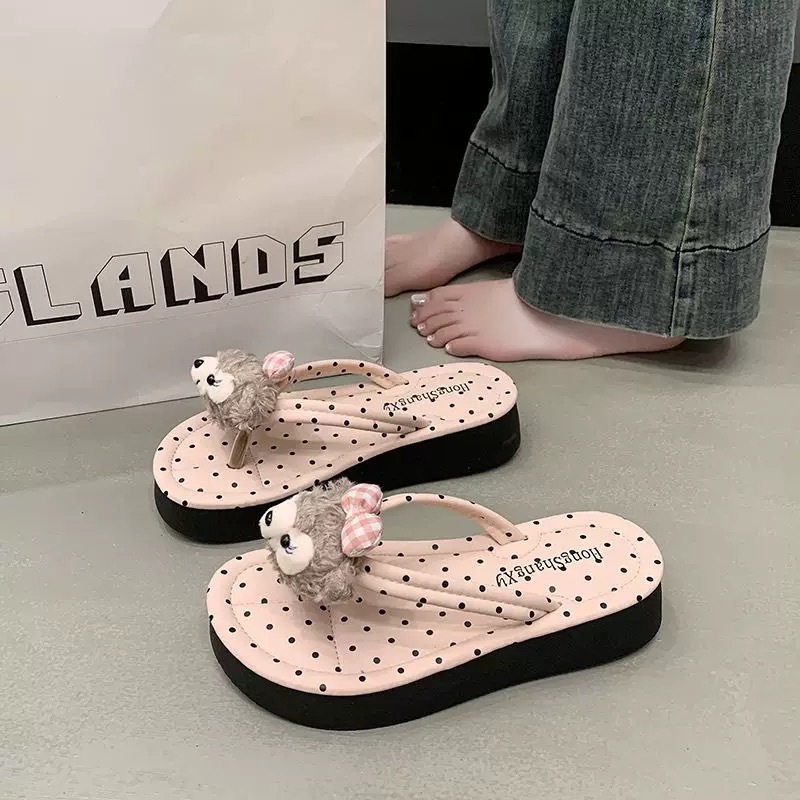 พร้อมส่งจากไทย 【5122】รองเท้าแตะลายโพกาด็อตสีหวานพาสเทลแต่งลายตุ๊กตาหมี tobo
