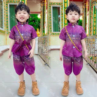 ชุดไทยประยุกต์เด็กผู้ชาย รุ่นตะขอเล็กคอจีน(แถมผ้าคาดเอว) +1 ไซส์