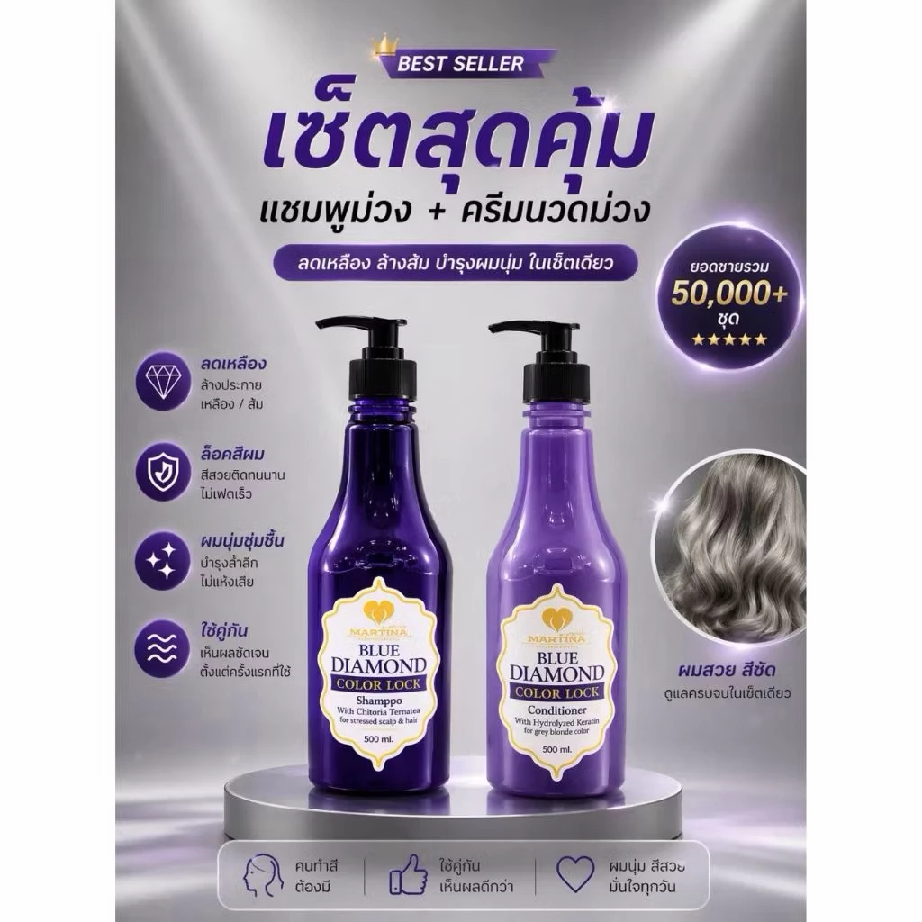 มี 2 ขนาด Martina Blue diamond แชมพูม่วง/ครีมนวดม่วง ล้างสีผม สูตรใหม่ไม่ติดมือ