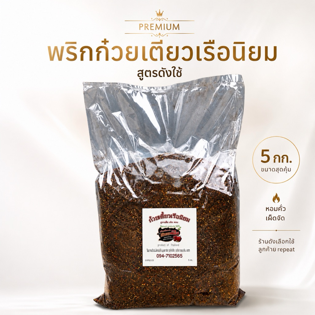 พริกก๋วยเตี๋ยวเรือนิยม 5 กก. คั่วเตาฟืน หอมคั่ว เผ็ดจัด ปั่นหยาบ สูตรร้านดังใช้(ปถุง5)