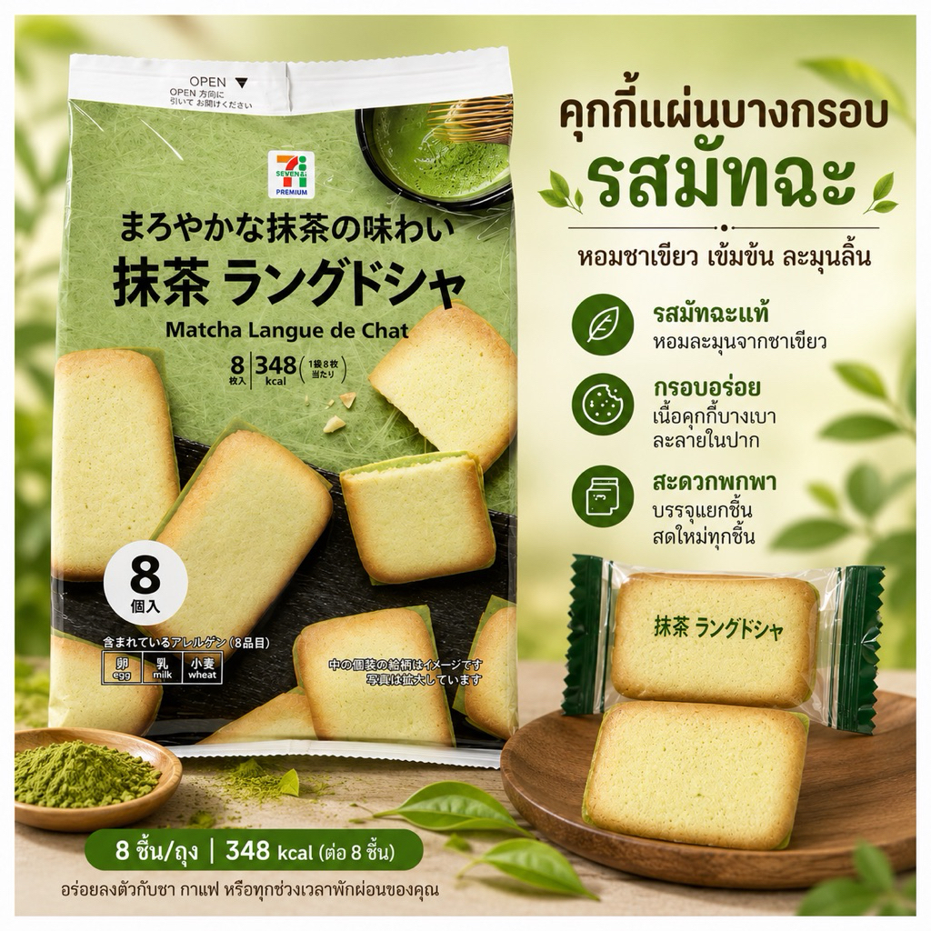 รสใหม่(คุ๊กกี้ ลิ้นแมว รสชาเขียว )Matcha Langue de Chat