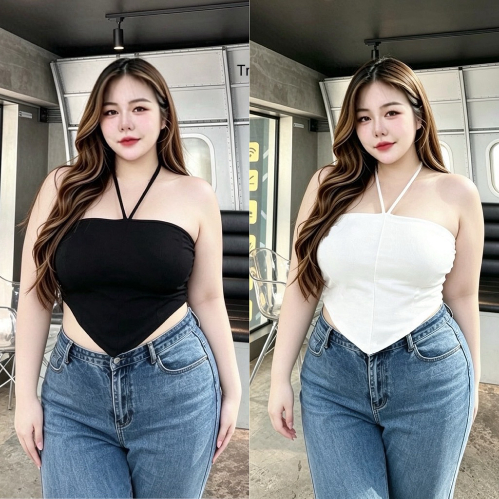 /TB/ เสื้อครอปสามเหลี่ยม สาวอวบ มีไซส์อก40-50 ใส่ได้2แบบ เกาะอกหรือผูกคอ ผ้ายืดนุ่มใส่สบาย #เสื้อไซส์ใหญ่ พลัสไซส์