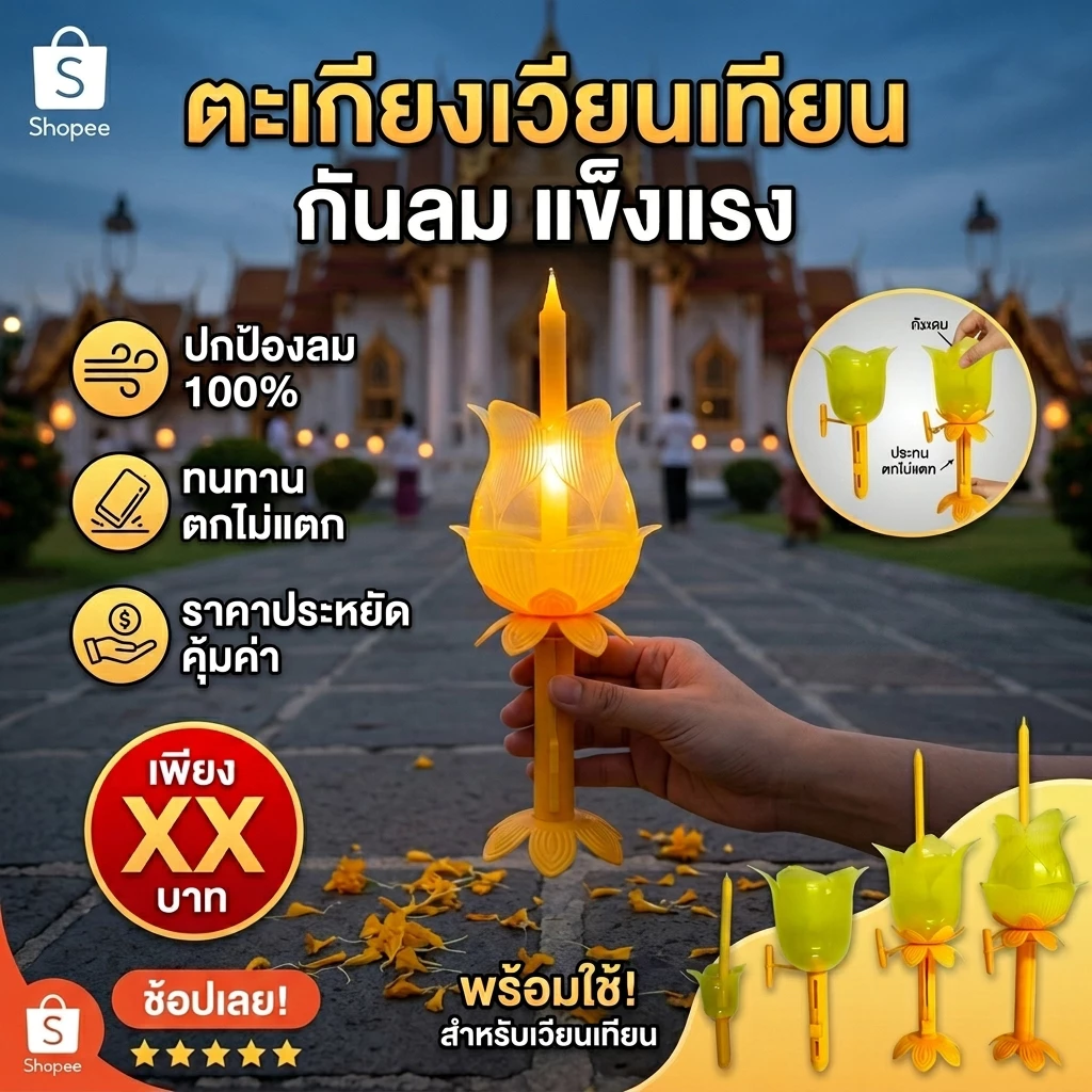 โคมเวียนเทียน เชิงเทียนพลาสติก(มีที่เลื่อนเทียนได้) | สีสุภาพ สวย ทน สำหรับถือเพื่อใช้ในพิธีกรรมทางศาสนา