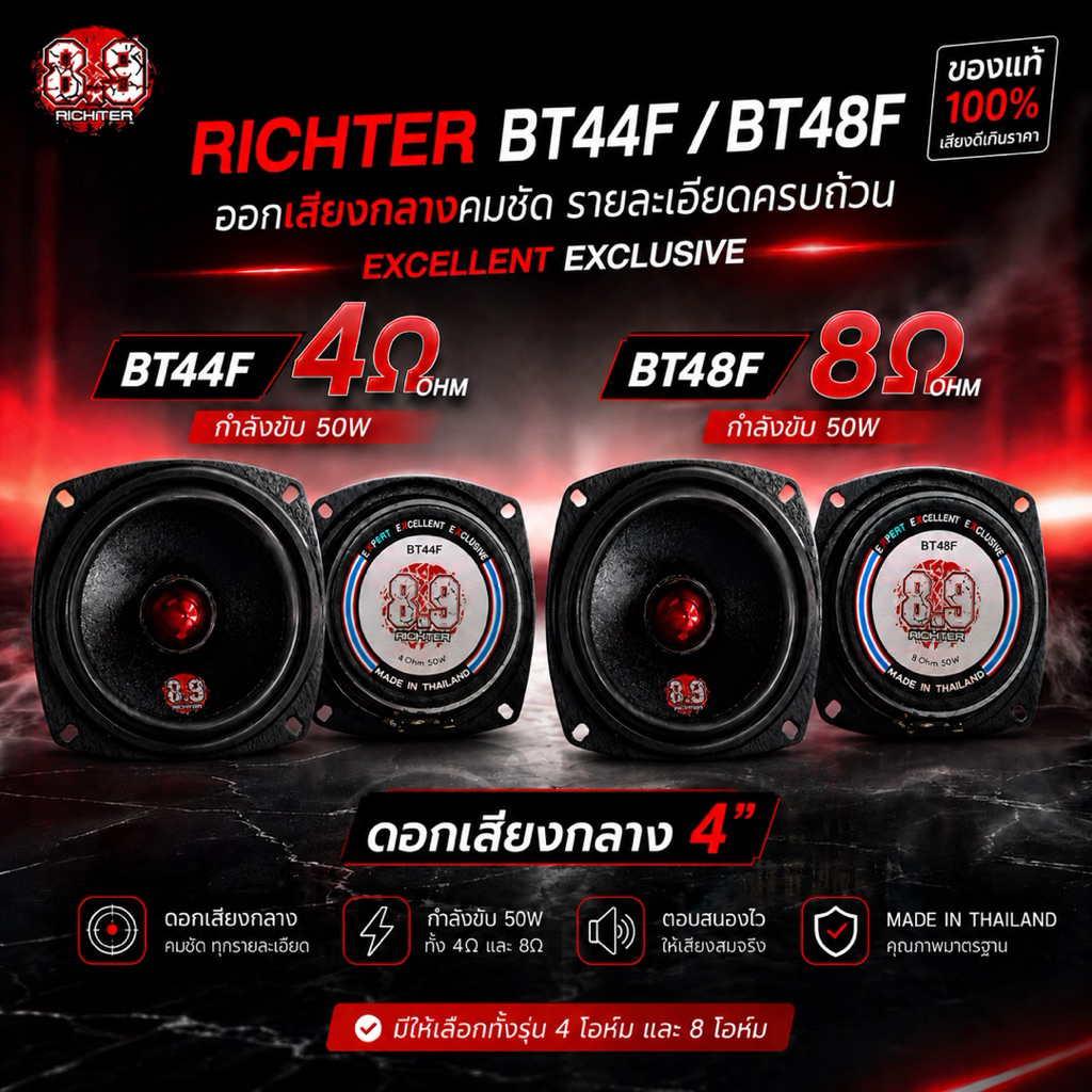 8.9 Richter เสียงกลาง 4นิ้ว เฟสปลั๊ก 4 และ 8Ohm 50-100W