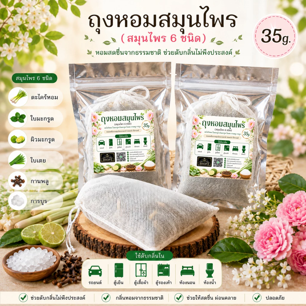 🔹️เพิ่มปริมาณ🔹️ถุงหอมสมุนไพร 35 กรัม (สมุนไพร 6 ชนิด) ใช้ดับกลิ่นในรถยนต์ ตู้เย็น ตู้เสื้อผ้า ตู้รองเท้า ห้องนอน ห้องน้