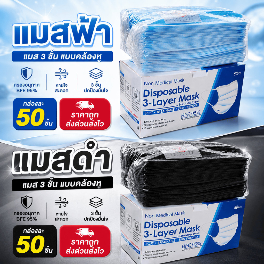 หน้ากากอนามัยผู้ใหญ่ หูสีดำ กับ หู2สี 1กล่องละ50ชิ้นหนา3ชั้น(มีกล่องให้)พร้อมส่งจากกรุงเทพฯ
