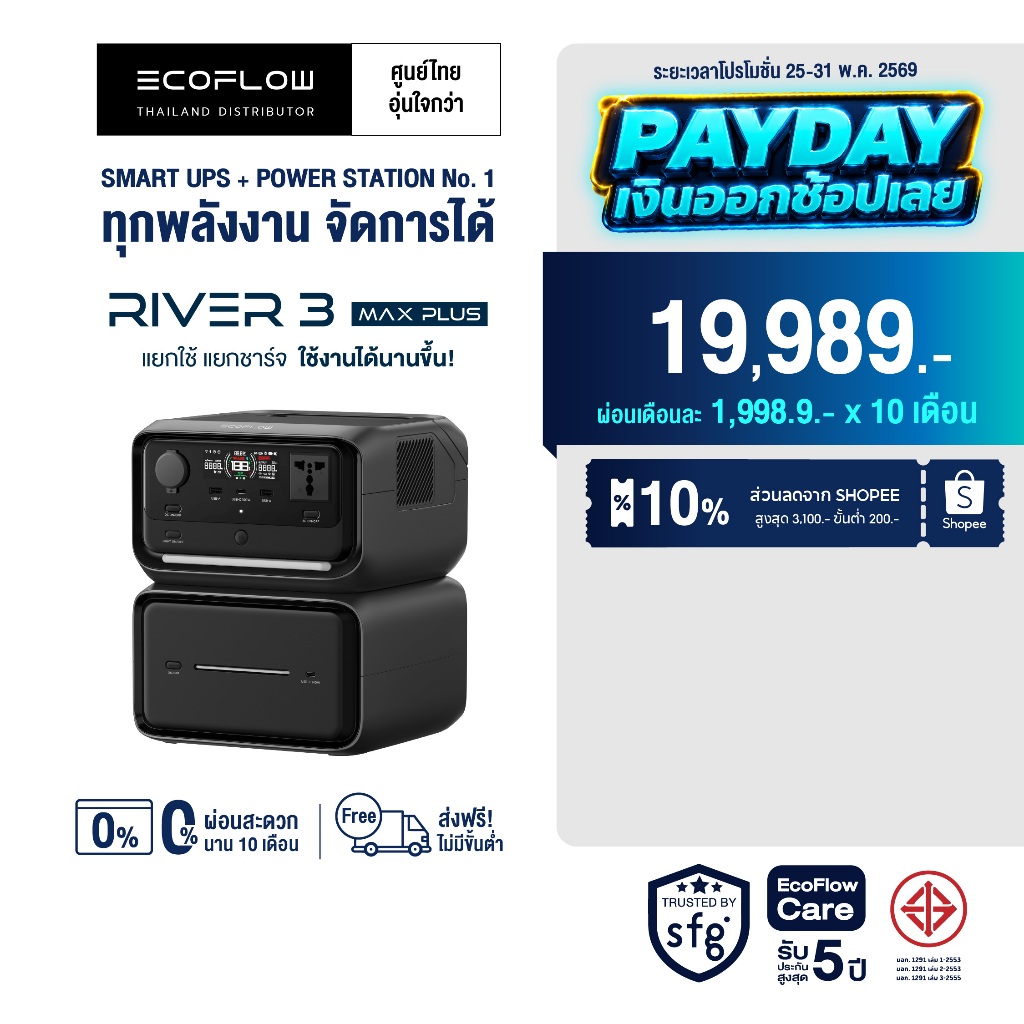 Ecoflow River 3 Max Plus Portable Power Station (Socket INTER) แบตเตอรี่สำรอง อเนกประสงค์ พกพา พาวเวอร์สเตชั่น