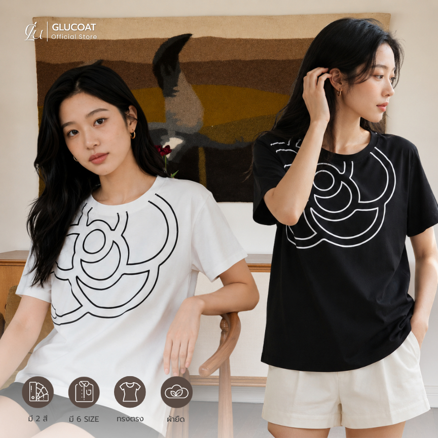Glucoat | [A585/A586] เสื้อยืดแขนสั้น สกรีนดอกกุหลาบ คอกลมสีดำ/สีขาว