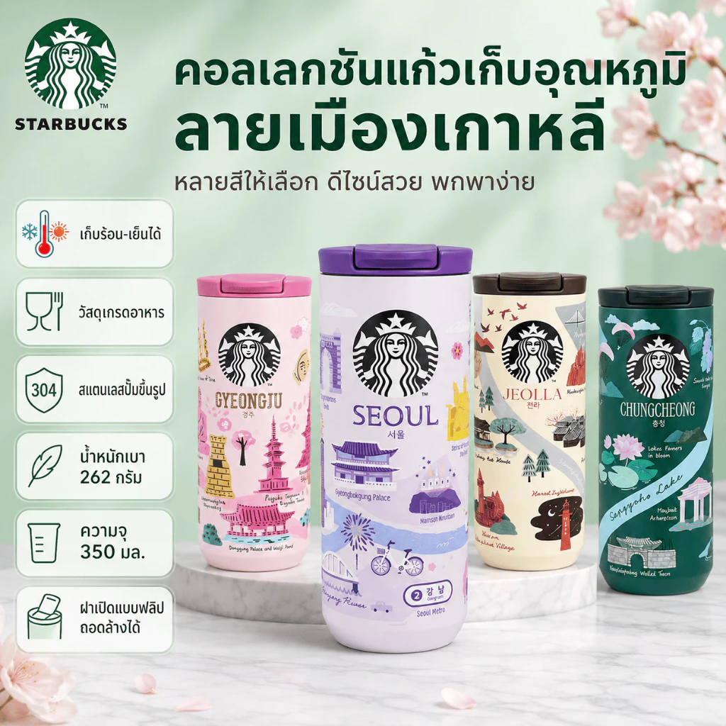 Starbucks แก้วเก็บความเย็น 355ml Seoul Busan Jeju Gyeongju