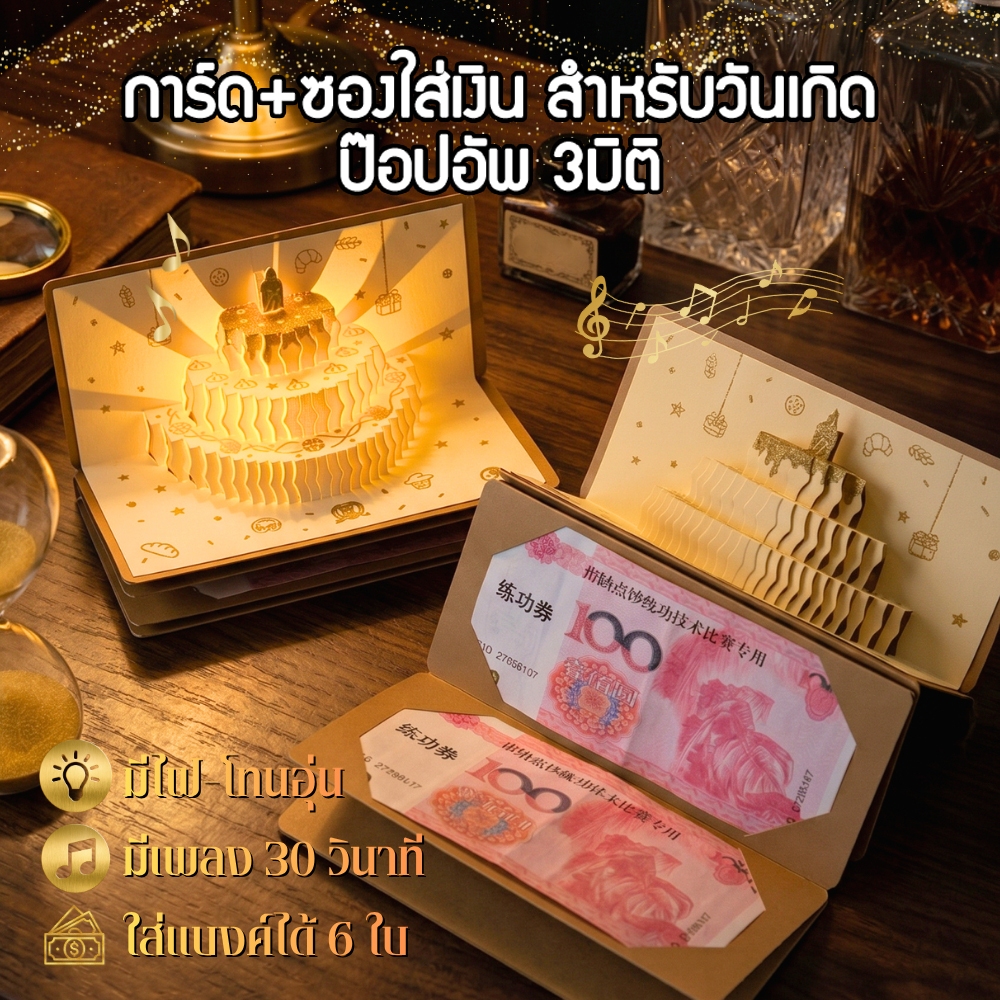 การ์ดวันเกิดป๊อปอัพ 3D ซองใส่เงิน มีไฟโทนอุ่น มีเพลงดนตรี 30 วินาที ใส่ธนบัตรได้ 6 ใบ ของขวัญอวยพรวันเกิด DIY