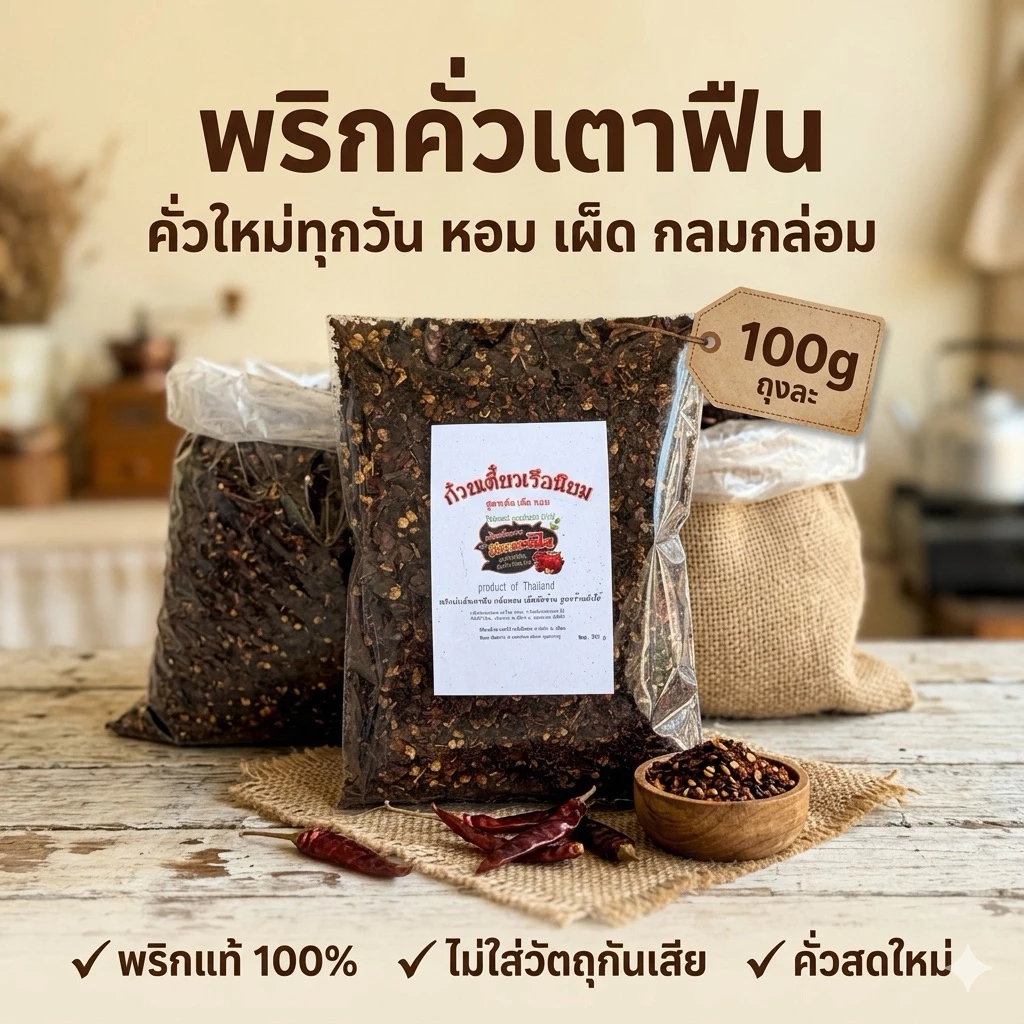 พริกป่นคั่วดำ พริกก๋วยเตี๋ยวเรือ หอมเตาฟืน 100 กรัม(ป100)