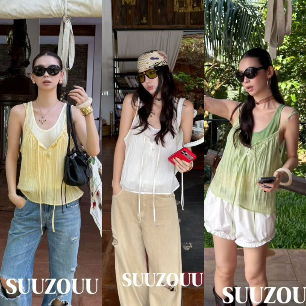 #SU299 26L 🇰🇷เซ็ท 2 ชิ้น เสื้อกล้ามคอกว้างทรงปล่อย มาพร้อมเสื้อสายเดี่ยวคอกว้าง แต่งโบว์ Tag MMfish🇰🇷
