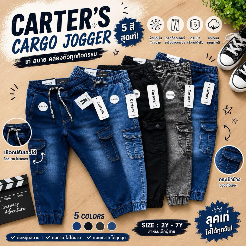 กางเกงยีนขาจั้มคาร์โก้ Carters 2-12Y 📌(ส่งจากไทย🇹🇭)