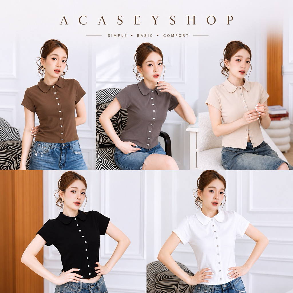 Acasey เสื้อแขนสั้นผู้หญิง คอบัวติดกระดุมเงินผ้ายูนิโคล่งานดี T392