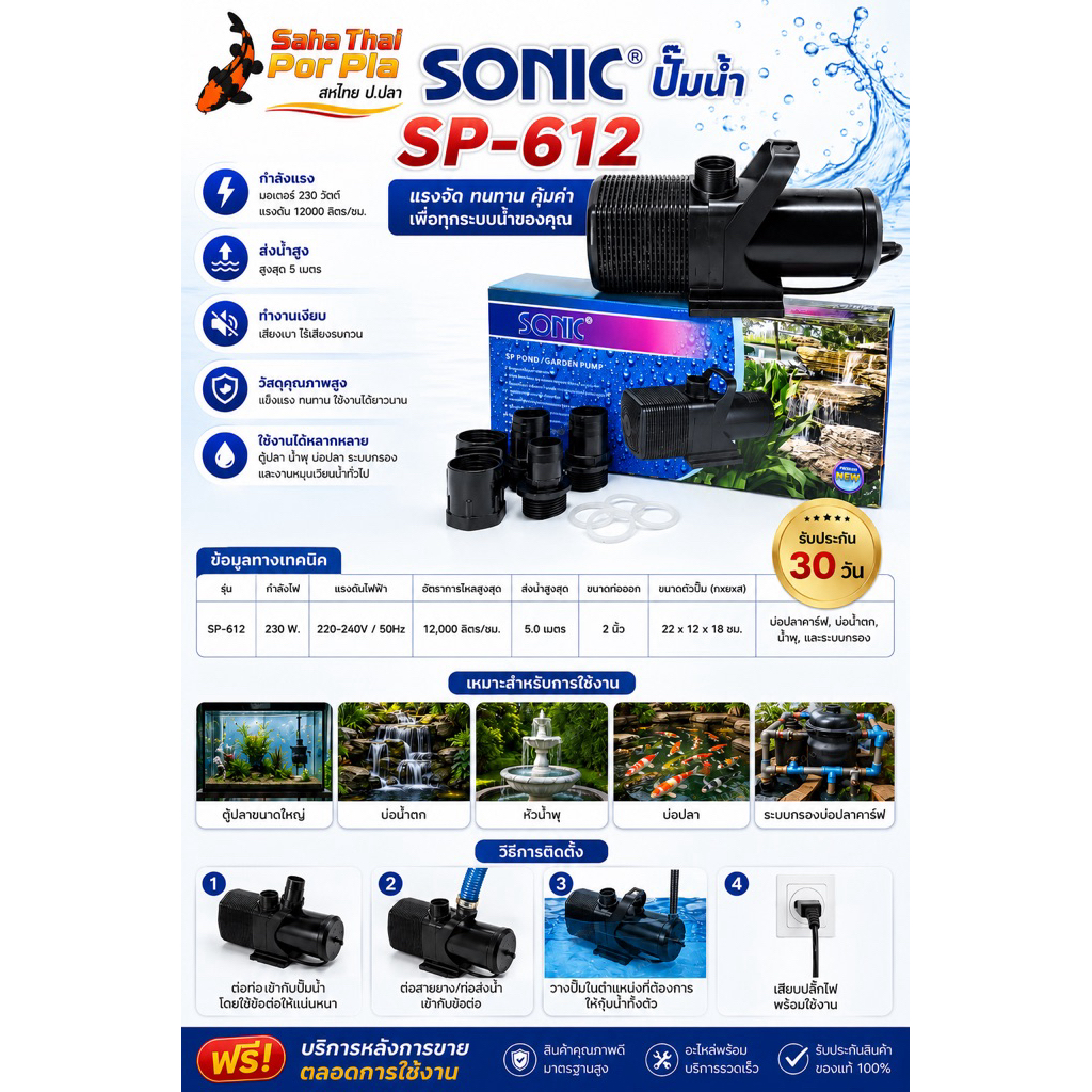 Sonic SP612 ปั๊มน้ำขนาดใหญ่หมุนเวียนน้ำ