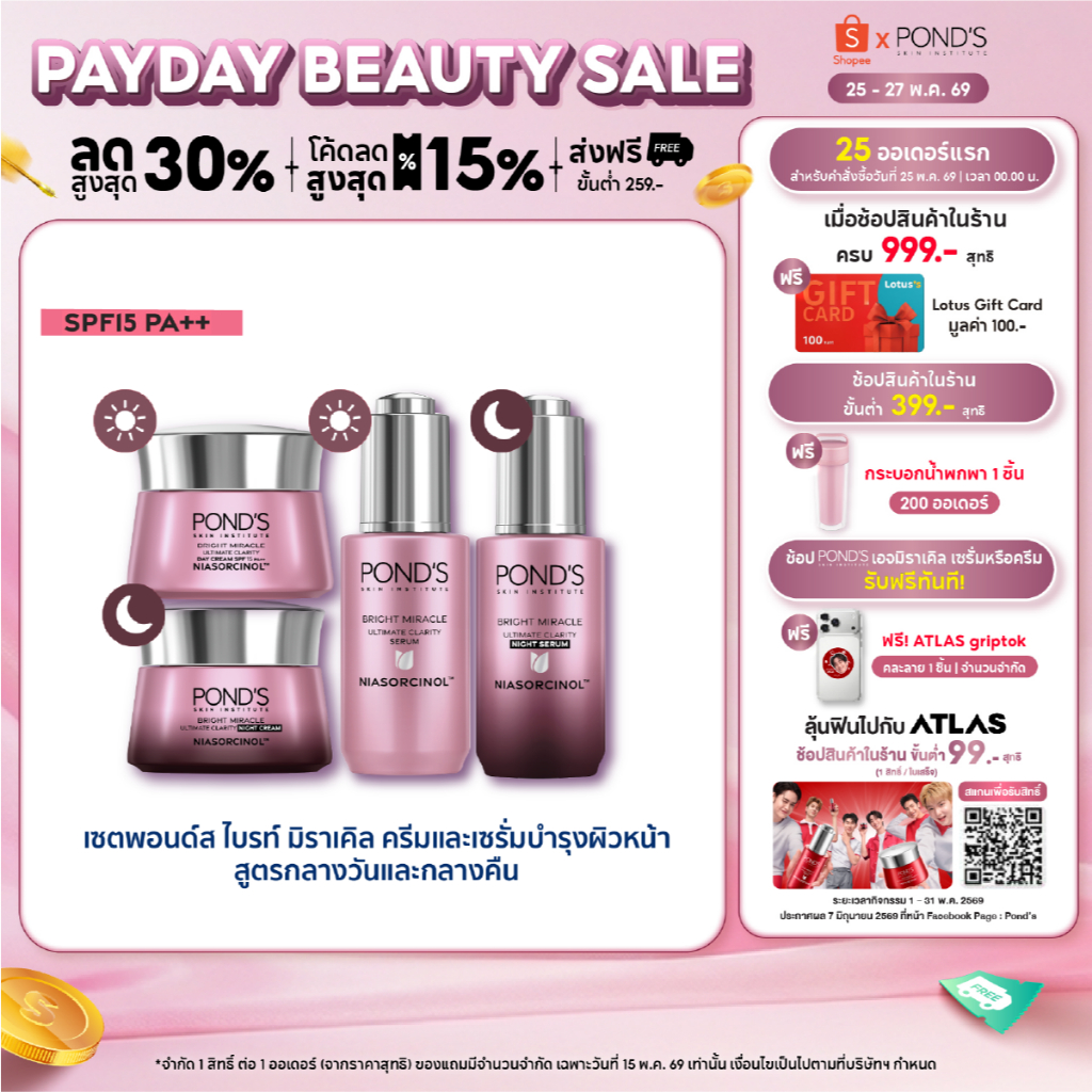 พอนด์ส ไบรท์ มิราเคิล เซรั่มและครีมหน้าใส สูตรกลางวัน spf15 และกลางคืน กู้หน้าโทรม ลดรอยดำ อัพผิวใส ไนอาซอร์ซินอล แพ็ค 4