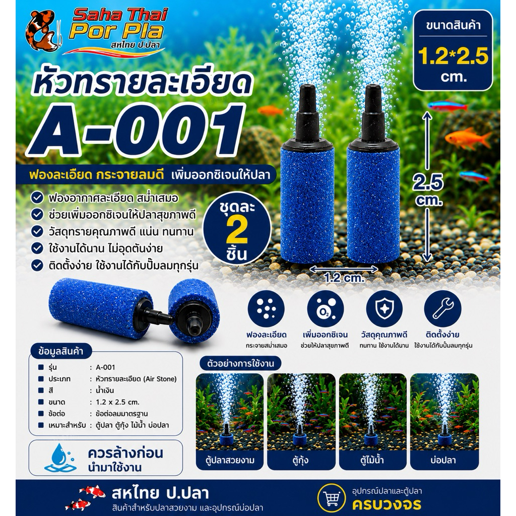 หัวทรายแบบละเอียด A-001 (ชุด2ชิ้น)สีน้ำเงินเข้ม(ฟองละเอียดกระจายลมได้ดี)