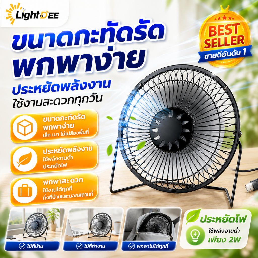 พัดลมตั้งโต๊ะ หน้ากว้าง6 นิ้ว แรงลมเต็มประสิทธิภาพ พัดลมสีดำ พัดลมเสียบUSB เคลื่อนย้ายสะดวก ใช้งานง่าย พัดลมเหล็ก